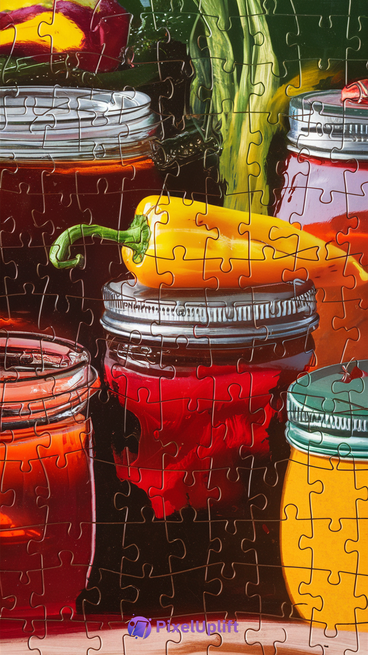 Close-up of a vibrant jigsaw puzzle showing glass jars filled with colorful preserves and a yellow pepper on top