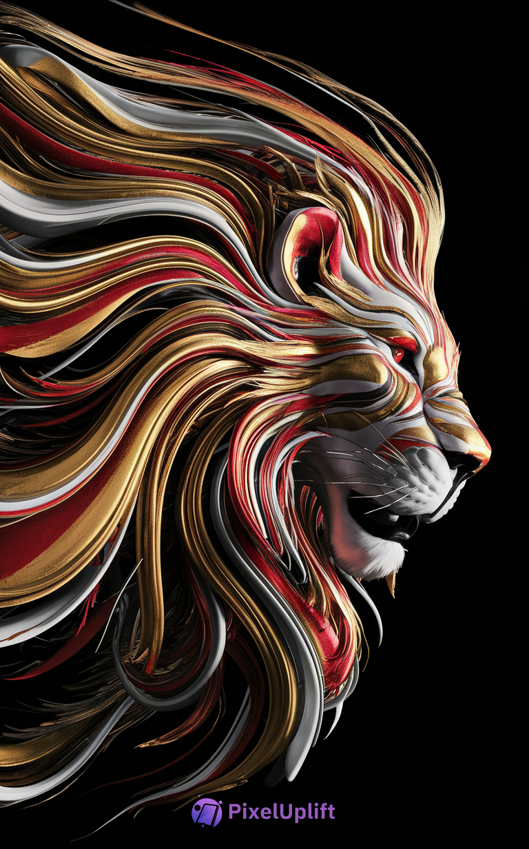 Stylized artistic profile of a lion's head with metallic gold, red, white, and black ribbon-like mane on a solid black background