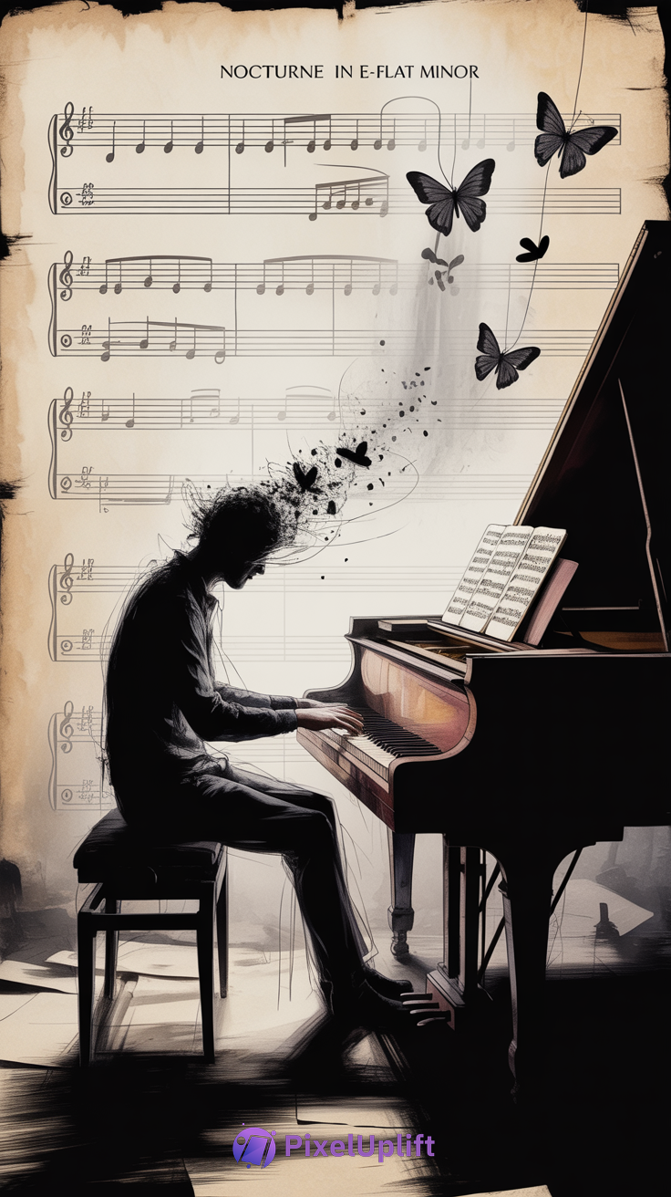 Silhouette of person playing grand piano with misty head dissolving into black butterflies over faded Nocturne in E-Flat Minor sheet music background
