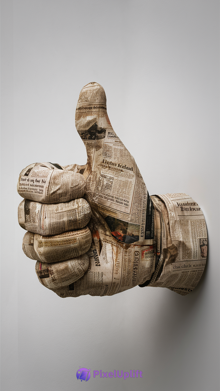 Sculpture of a hand giving a thumbs-up gesture covered in newspaper print on a neutral background