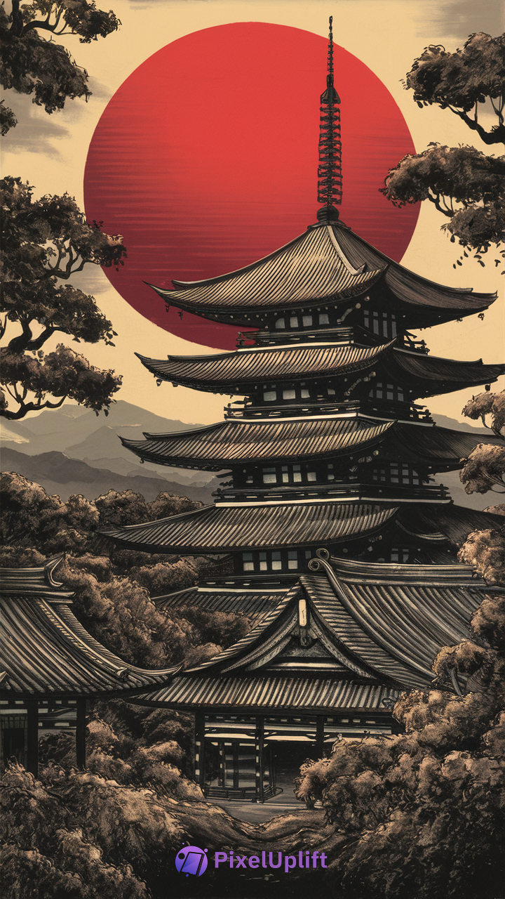 Traditional Japanese pagoda phone wallpaper with dark trees and vivid red sun on beige background