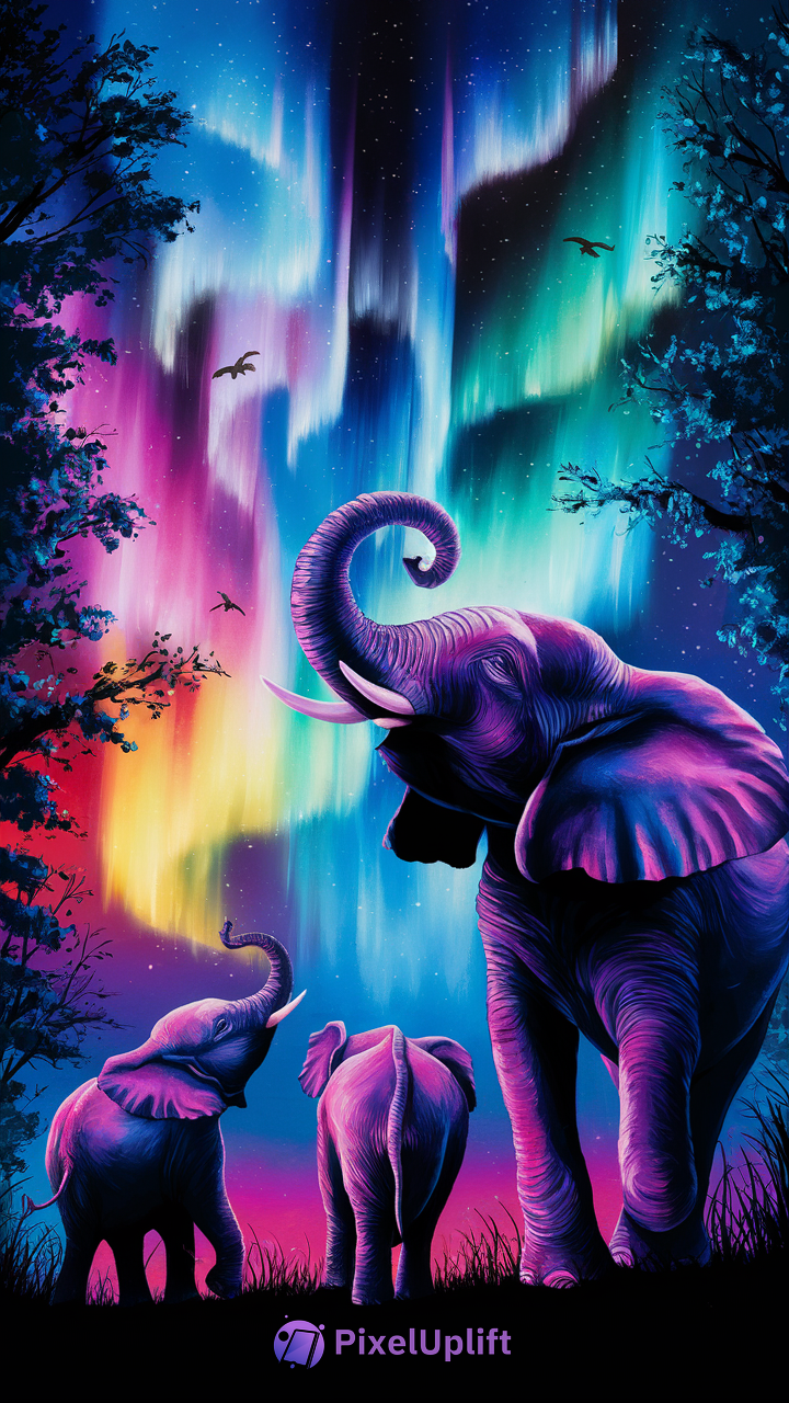 Vibrant phone wallpaper of three purple and pink elephants under a colorful aurora borealis sky with silhouetted trees and birds