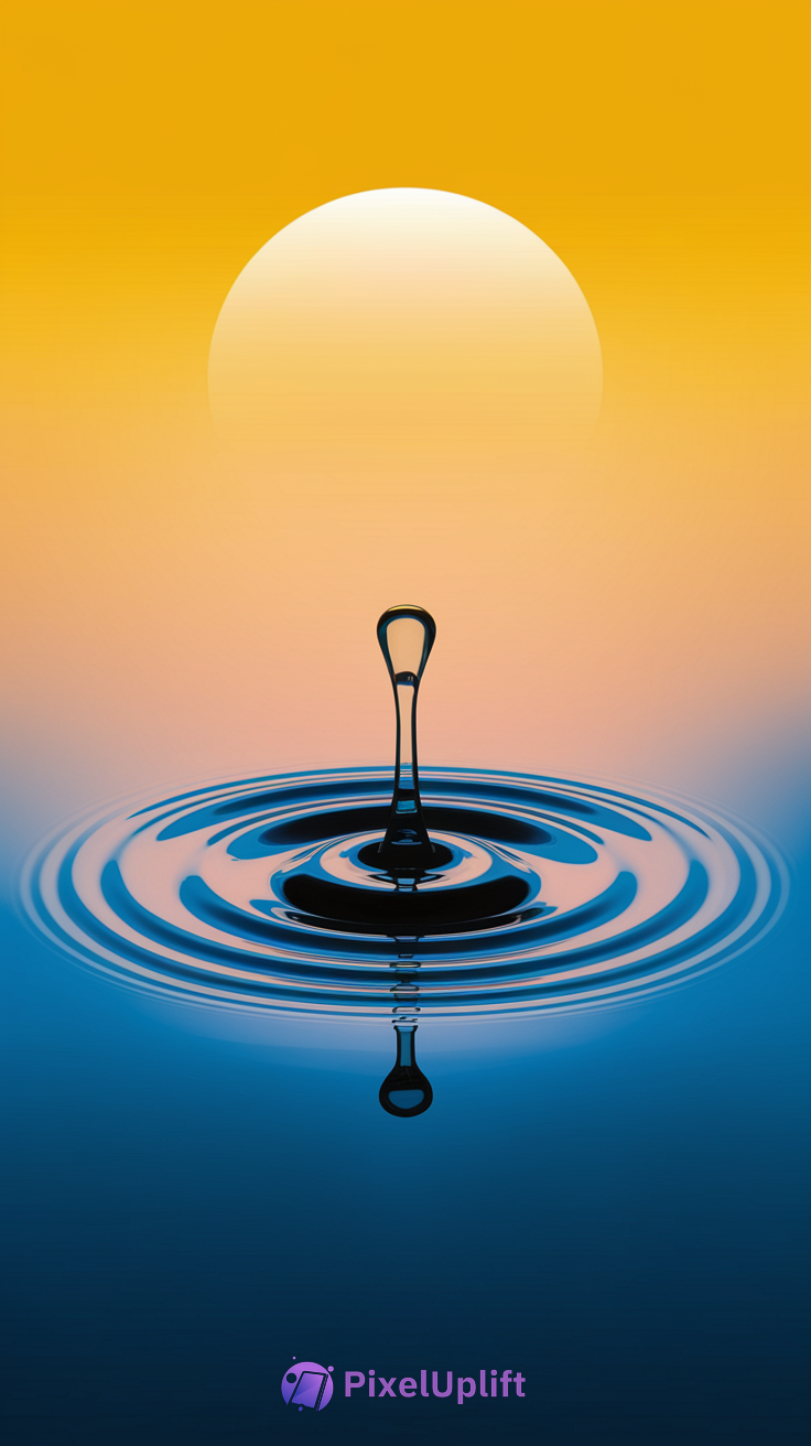 Close-up of a water droplet splash with concentric ripples, transitioning from deep blue to warm sunset orange-yellow