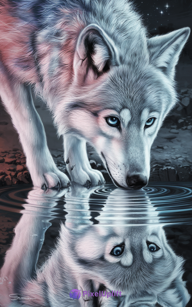 Close-up digital painting of a wolf drinking water from a calm pond with striking blue eyes and dark natural background