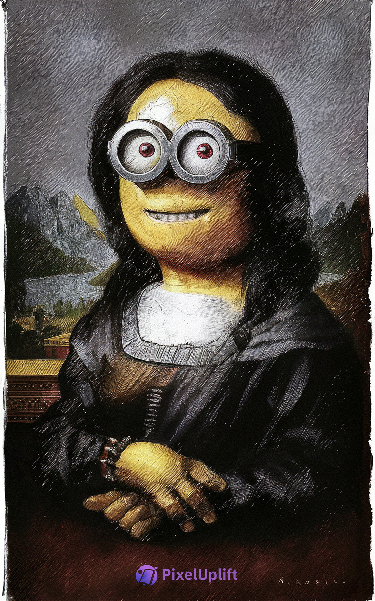 Humorous Minion Mona Lisa phone wallpaper with yellow character wearing silver goggles in dark classic attire on an artistic landscape background