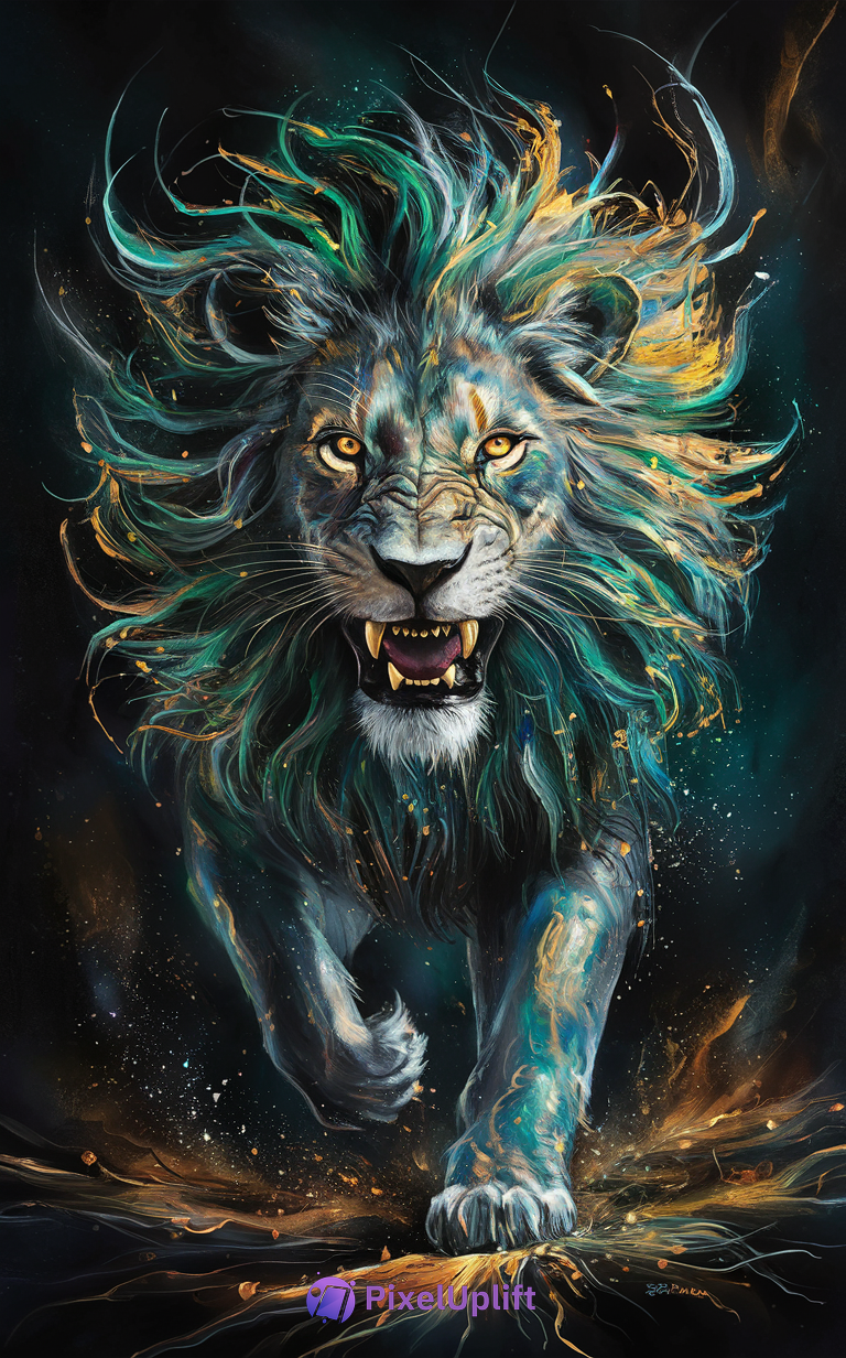 Stylized lion charging forward with vibrant green, teal, yellow, and orange mane on a dark background with fiery glowing shards beneath paw
