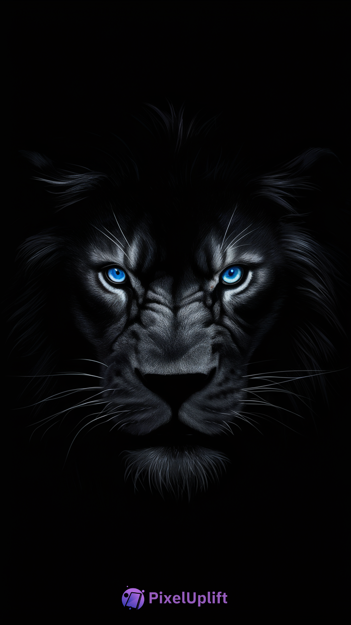 Close-up of a lion's face with glowing blue eyes on a dark background phone wallpaper