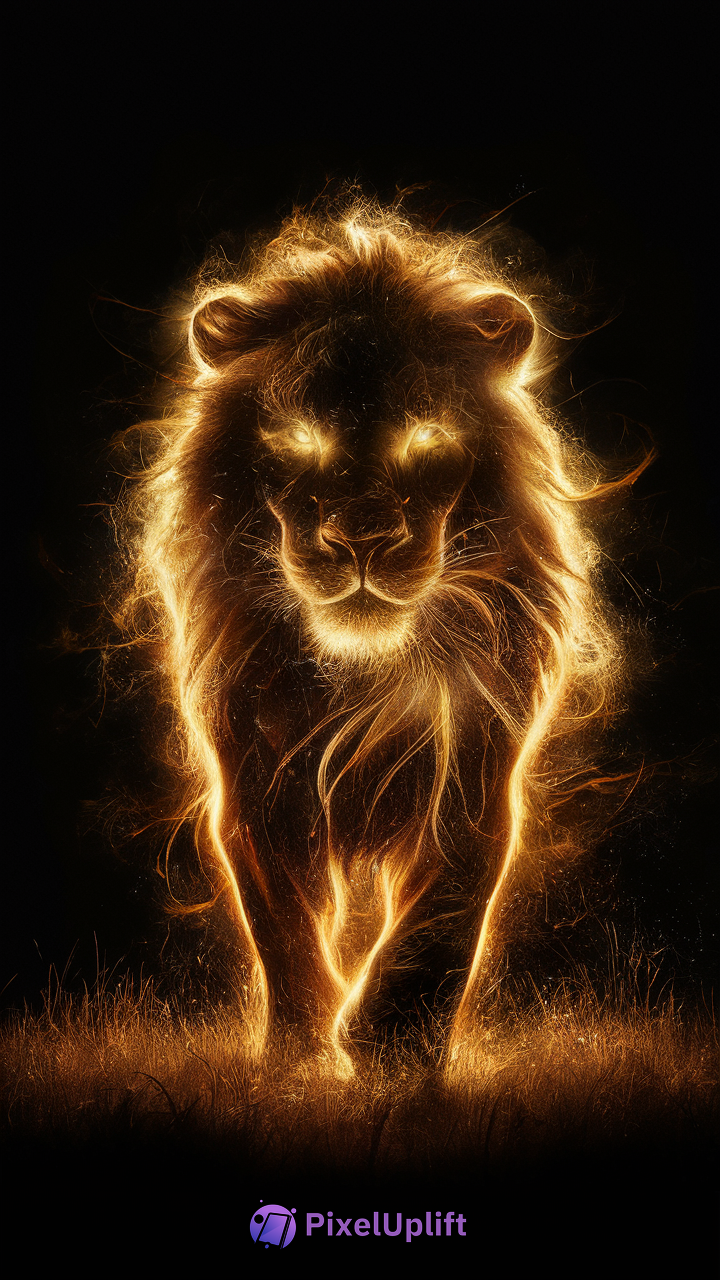 Stylized glowing golden lion walking forward on a dark phone wallpaper background
