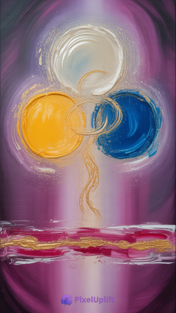 Abstract phone wallpaper lockscreen featuring three large white, yellow, and blue circles connected by flowing gold swirls on a deep purple textured background