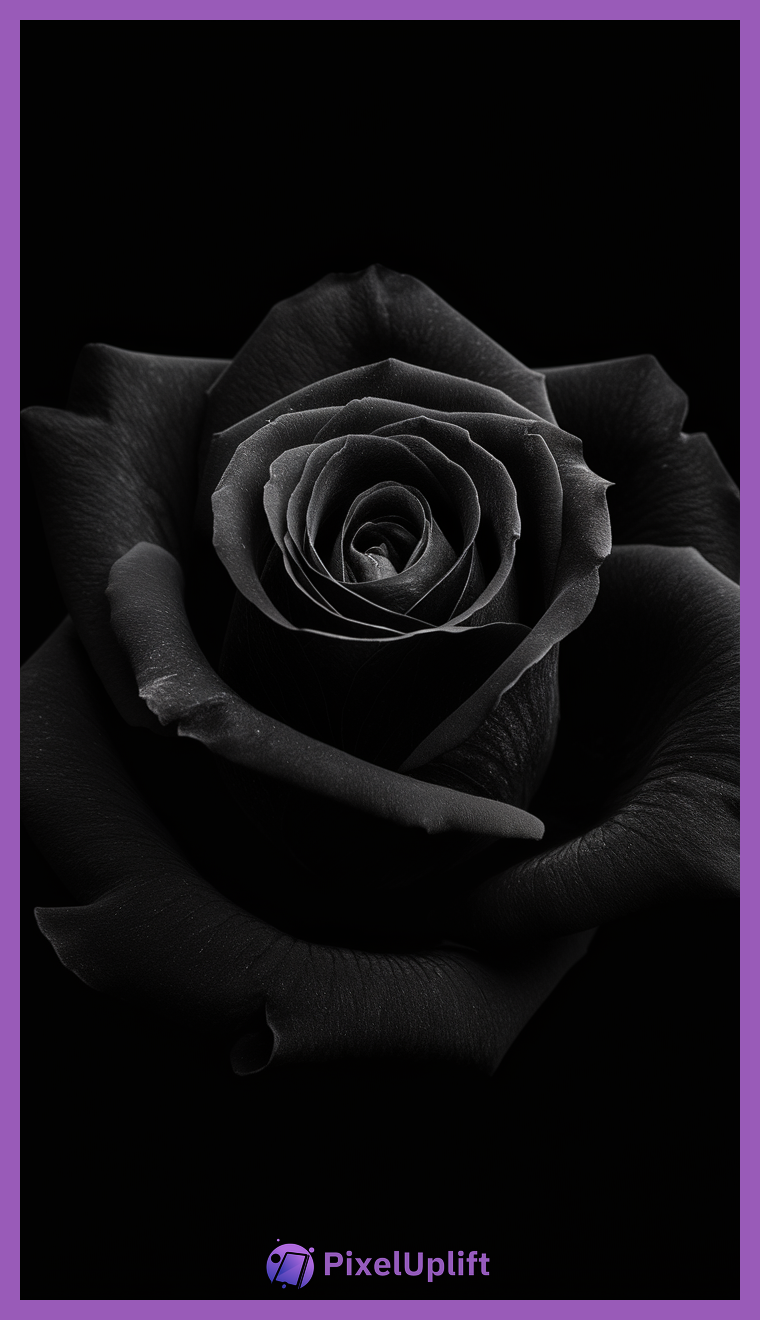Close-up of a black rose with detailed petals on a black background for phone wallpaper lockscreen