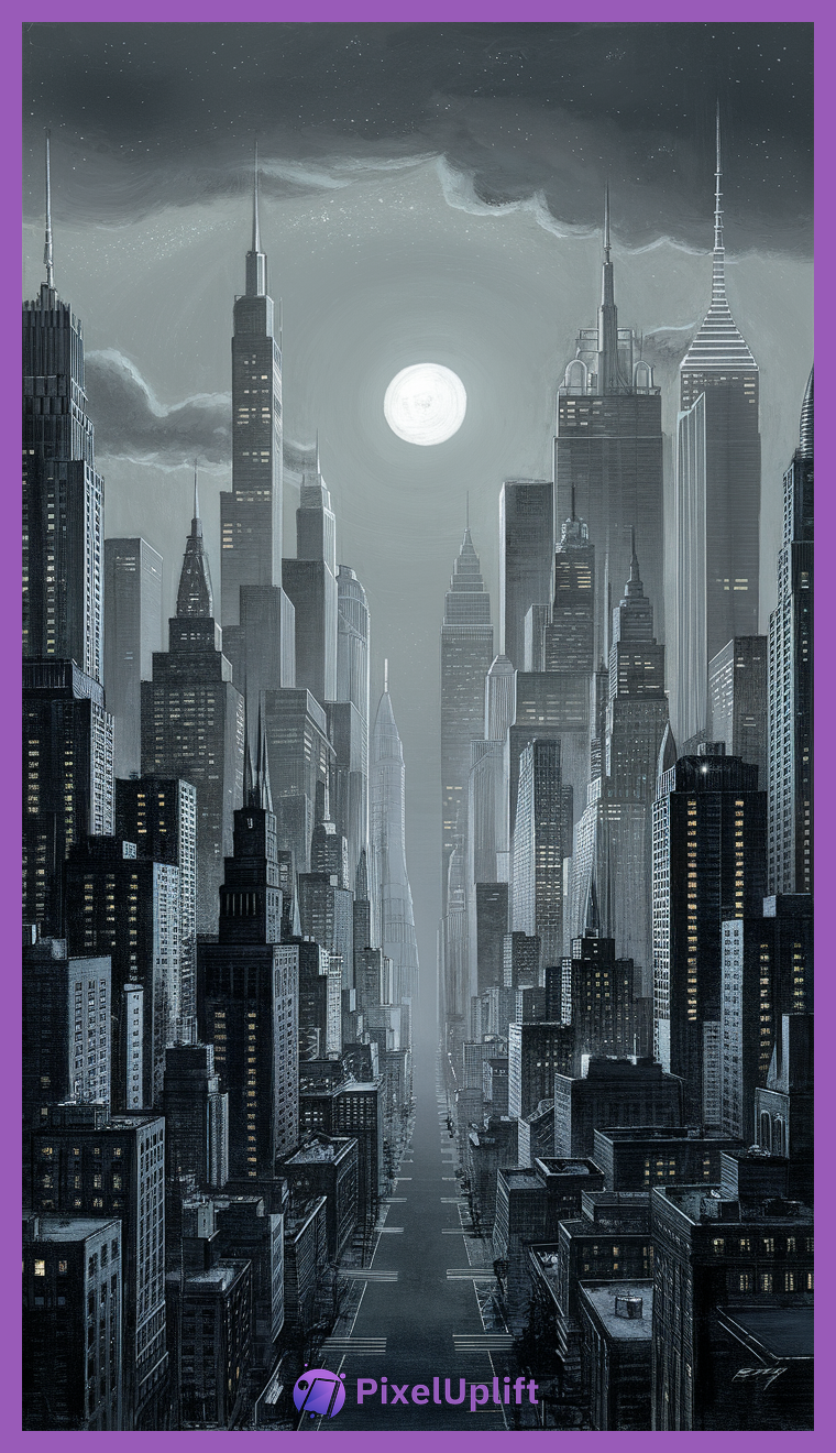 Night cityscape phone wallpaper with bright full moon and illuminated skyscrapers