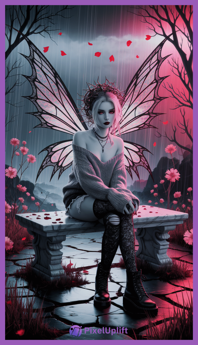 Mystical fairy with pale blue skin and translucent butterfly wings sitting on a marble bench in a dark rainy moody scene