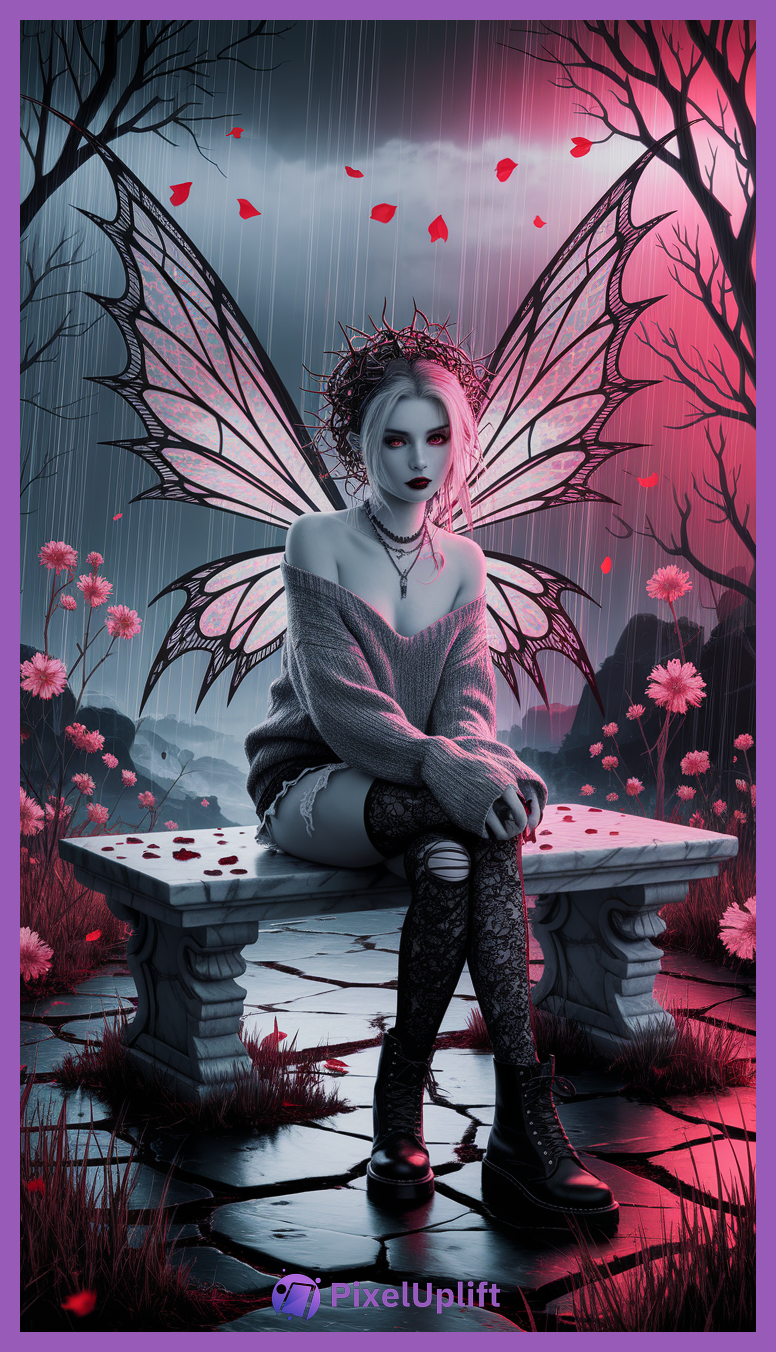 Mystical fairy with pale blue skin and translucent butterfly wings sitting on a marble bench in a dark rainy moody scene