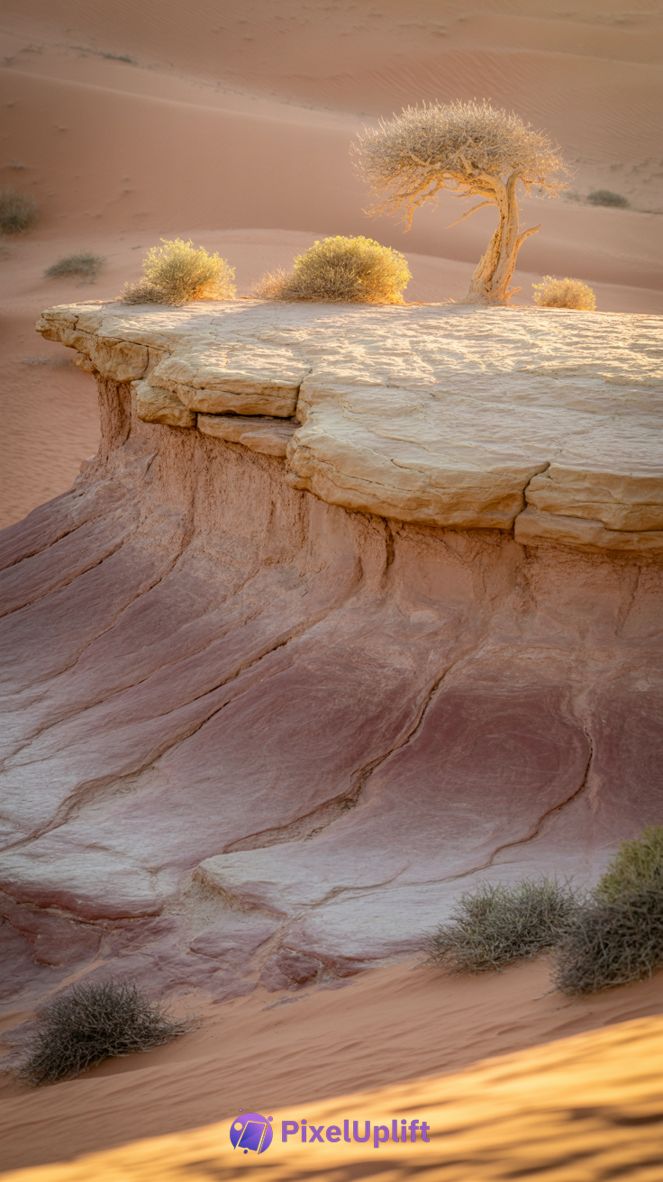 Desert landscape with rocky flat-topped formation, solitary gnarled tree, and golden hour lighting