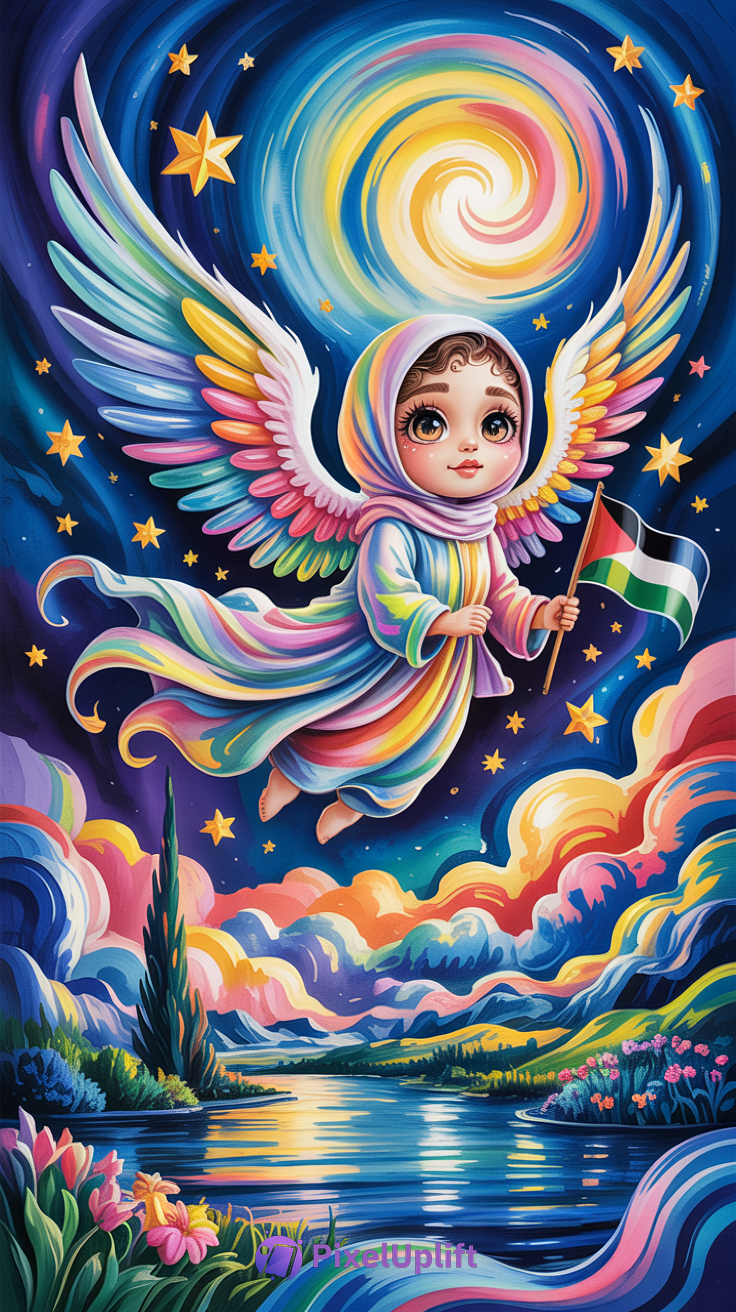 Colorful digital artwork of an angelic figure with rainbow wings holding a Palestinian flag floating in a vibrant night sky over a scenic landscape