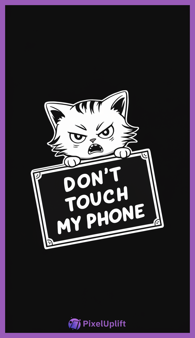 Black and white cartoon angry cat holding sign that says DON'T TOUCH MY PHONE on a solid black background
