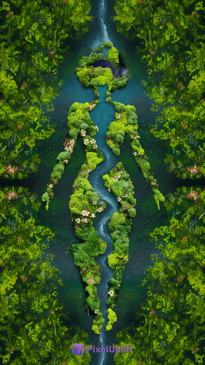 Artistic aerial view of a river shaped like a human figure winding through a dense forest
