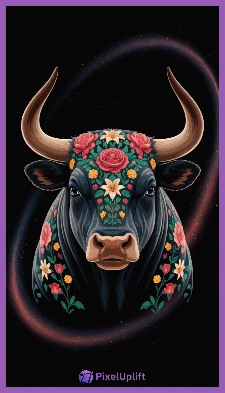 Stylized digital illustration of a bull with large curved beige horns and colorful floral patterns on black background with glowing pink and purple swirls