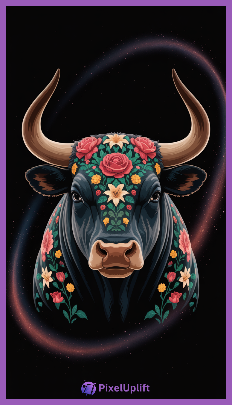 Stylized digital illustration of a bull with large curved beige horns and colorful floral patterns on black background with glowing pink and purple swirls