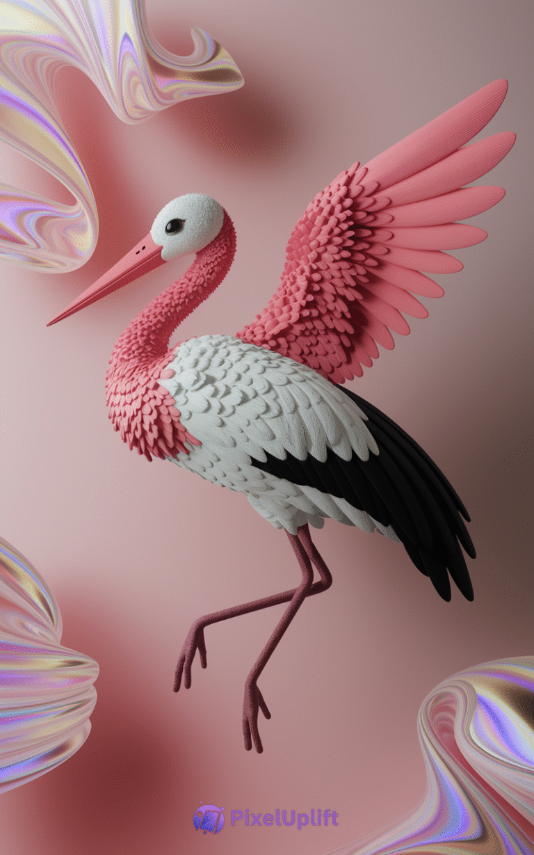 Artistic stylized bird with white body, black and vibrant pink feathers, mid-flight against a dreamy pastel abstract pink background