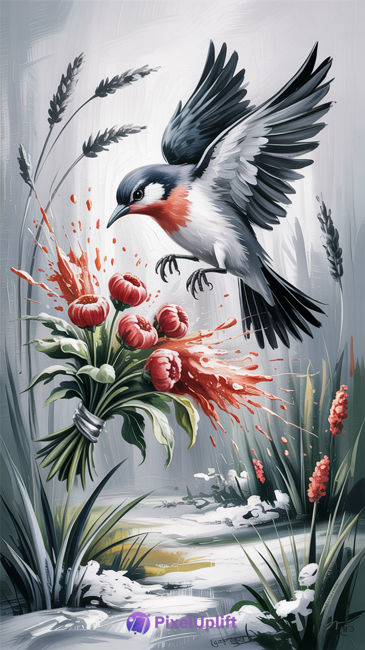 Stylized digital painting of a bird in mid-flight above vibrant red flowers with a soft gray and green abstract background