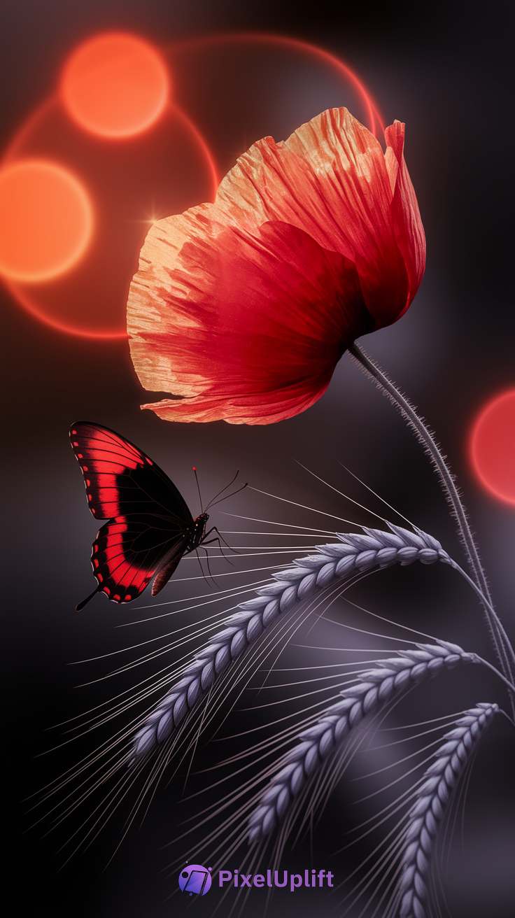 Close-up of a bright red flower with textured petals and a red and black butterfly on silvery-grey wheat stalks against a dark background with glowing orange circles