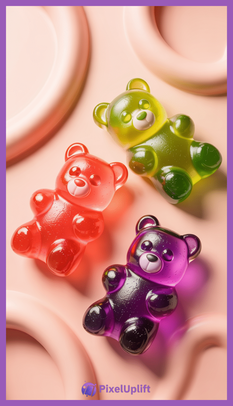 Three colorful translucent gummy bear candies on a light peach textured surface for phone wallpaper lockscreen