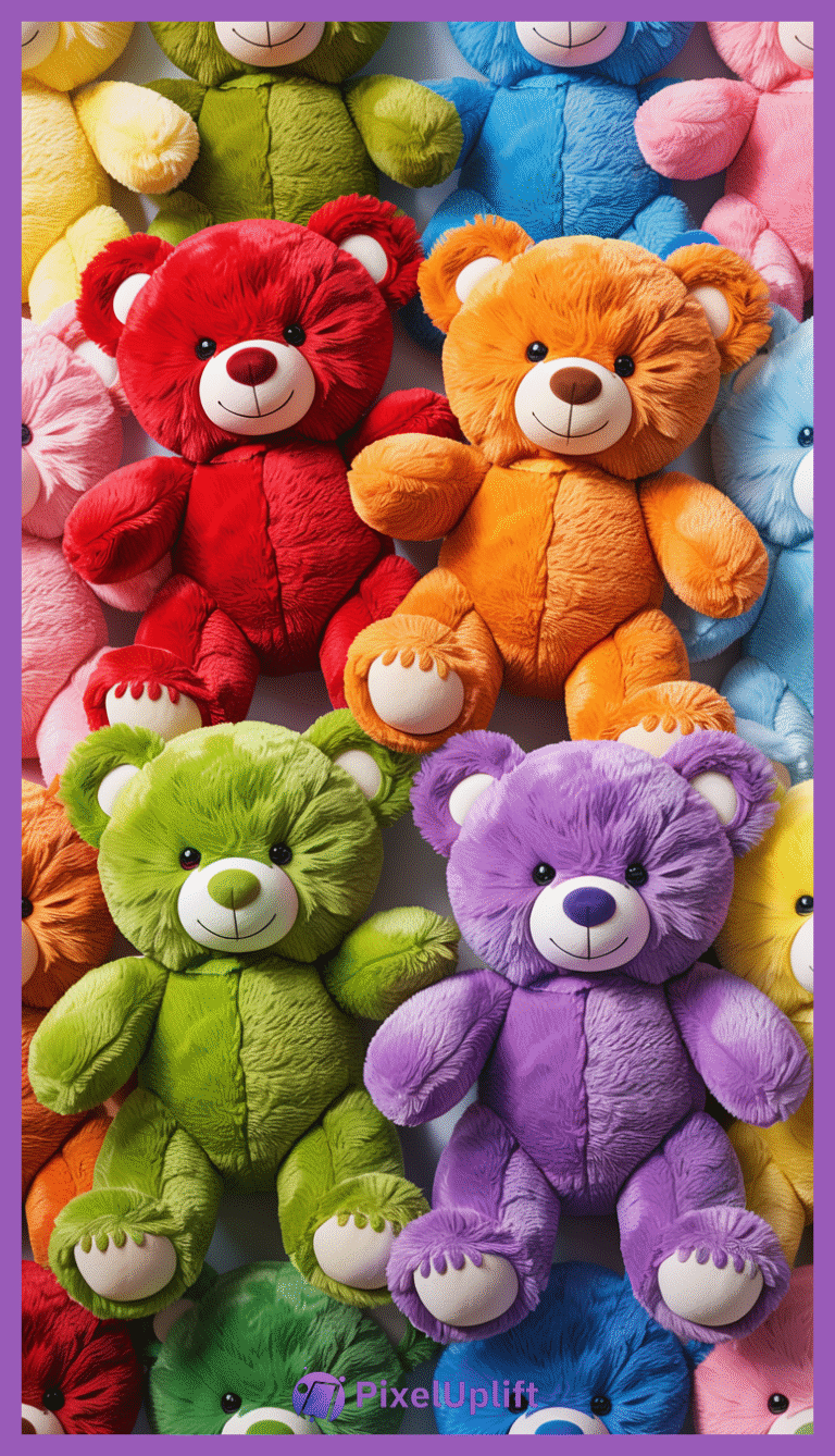 Colorful teddy bears arranged closely together on a phone wallpaper lockscreen