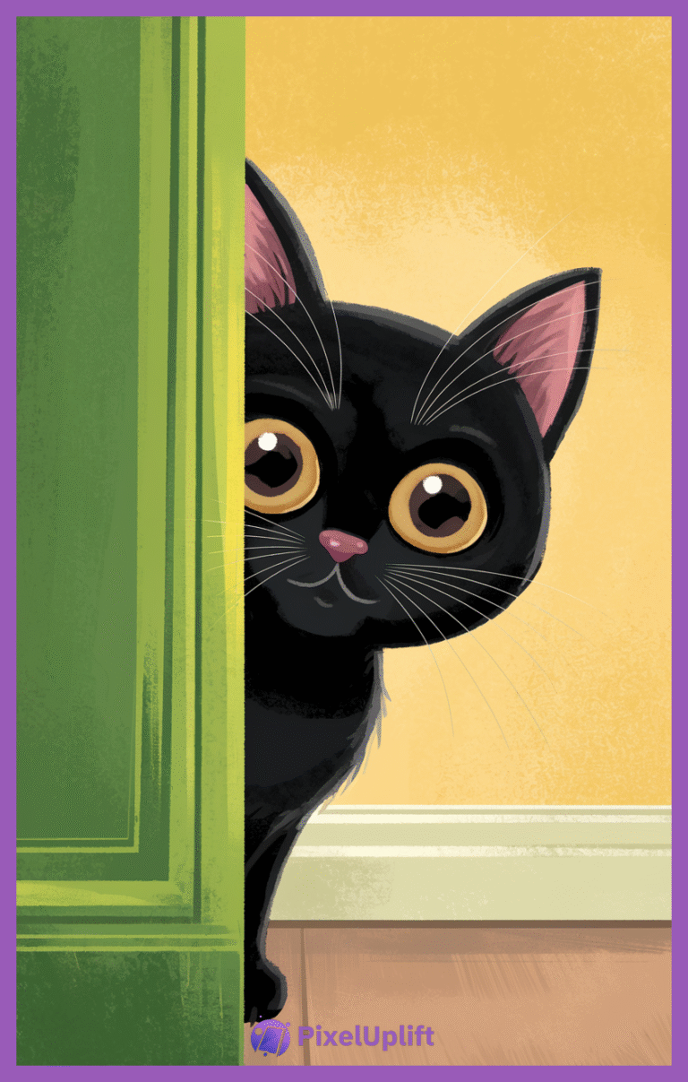 Cute cartoon black cat with large yellow eyes peeking from behind a green door on a warm yellow background phone wallpaper lockscreen