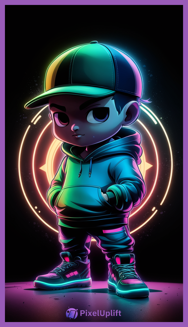 Stylized chibi character wearing rainbow baseball cap and teal hoodie with neon glowing background