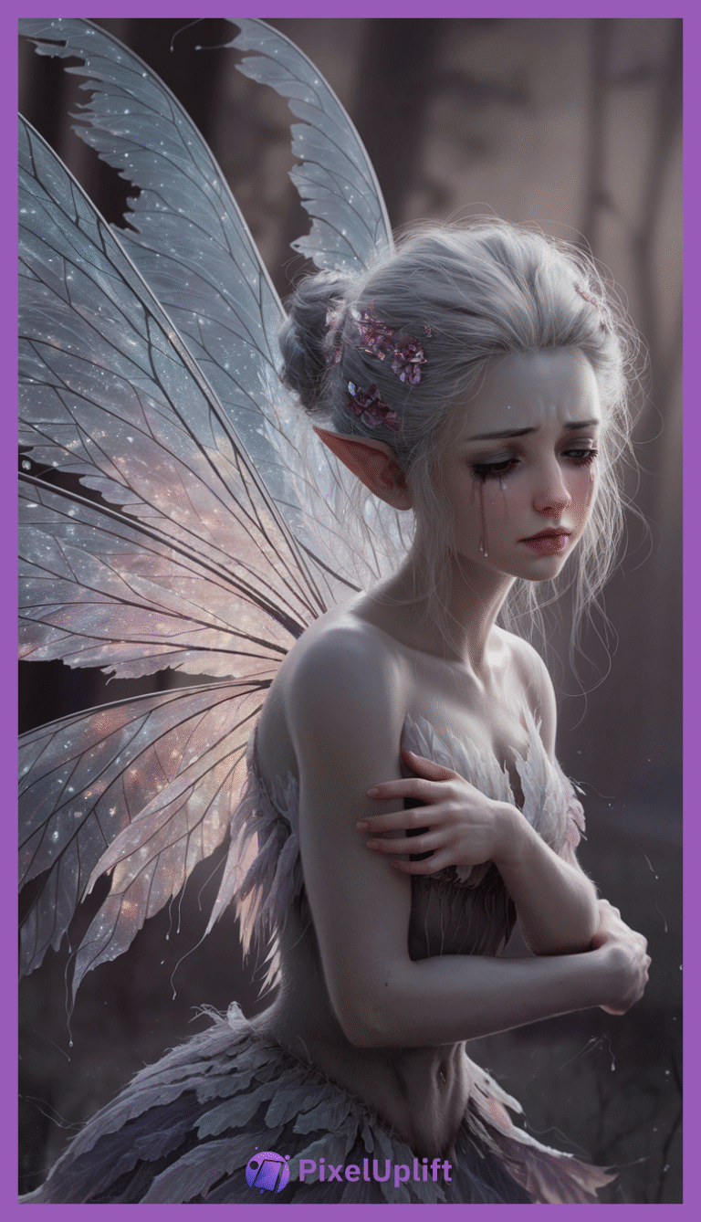 Delicate ethereal fairy with iridescent wings and silvery-white hair on a dark moody background