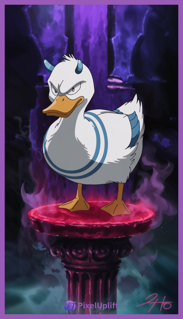 Fierce cartoon duck with blue horns and mystical markings standing on ornate red pedestal with glowing mist