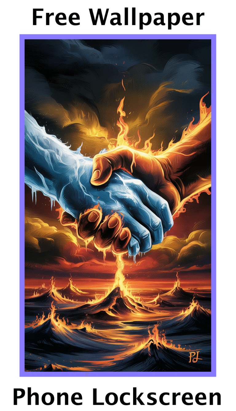 Dramatic phone wallpaper with two hands clasping, one made of ice dripping with icicles and the other glowing with fire, set against a dark sky and erupting volcanoes