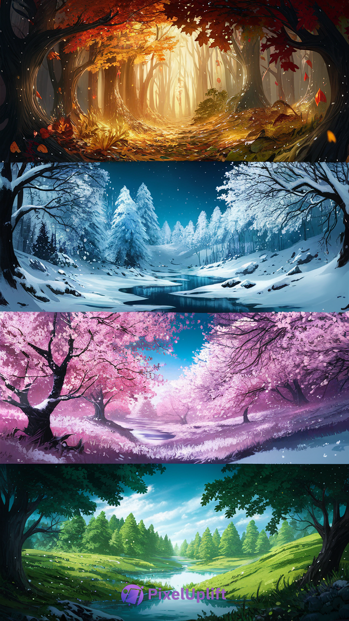 Vertical collage phone wallpaper showcasing autumn, winter, spring, and summer landscapes in a seamless seasonal transition