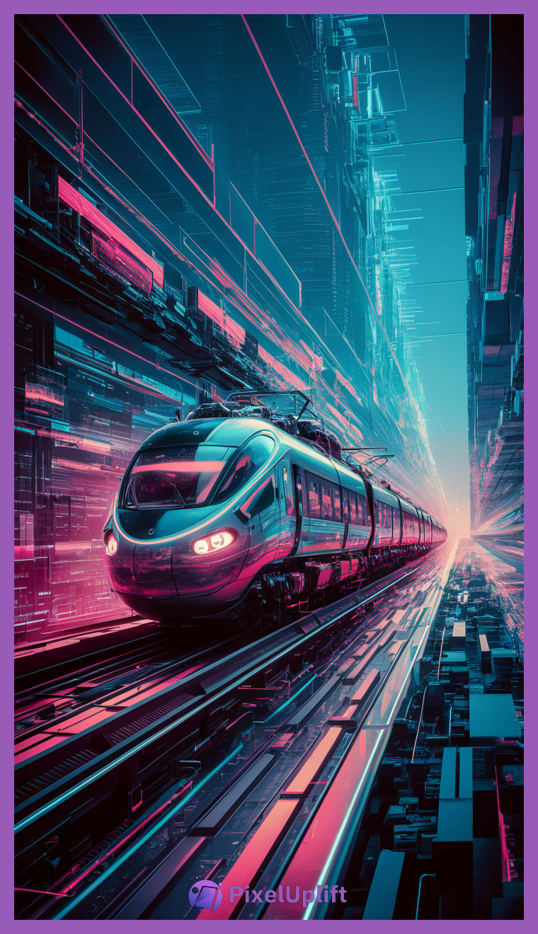 Futuristic sleek high-speed train with neon pink and blue lights in a cyberpunk tunnel