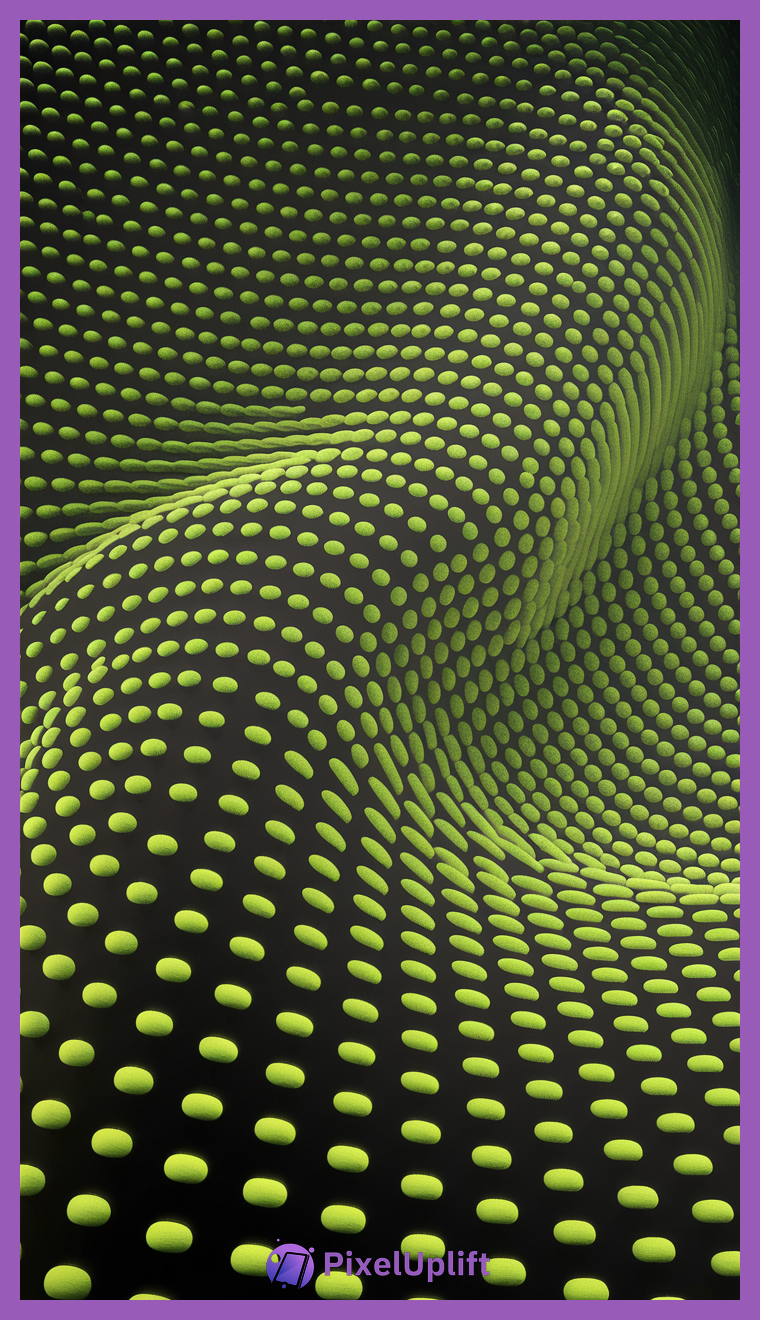 Abstract three-dimensional black surface with undulating waves covered in evenly spaced lime green dots creating a futuristic phone wallpaper lockscreen