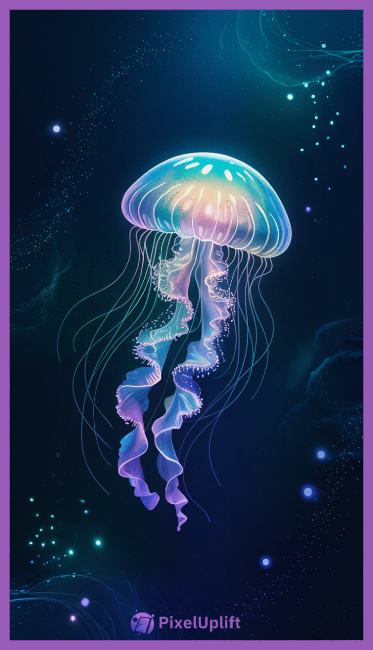 Glowing jellyfish floating gracefully in dark blue ocean water with iridescent colors and glowing tentacles