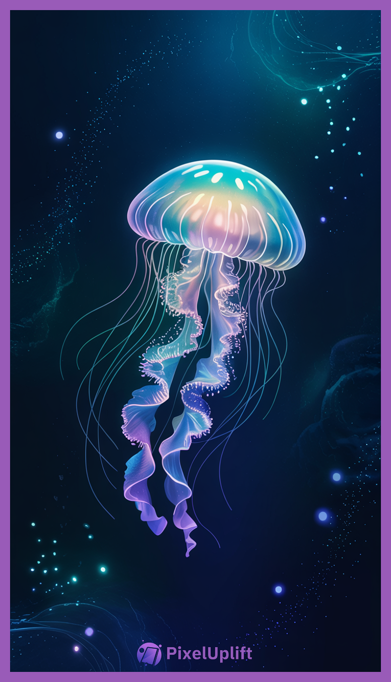Glowing jellyfish floating gracefully in dark blue ocean water with iridescent colors and glowing tentacles