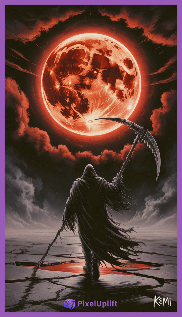 Dark ominous phone wallpaper of hooded Grim Reaper walking on cracked ground under fiery red moon with glowing red light