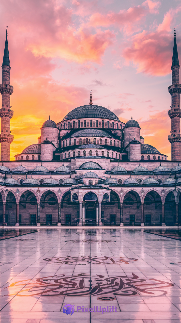Historic Ottoman mosque with large tiered domes and tall minarets at sunset, showcasing colorful sky and elegant courtyard