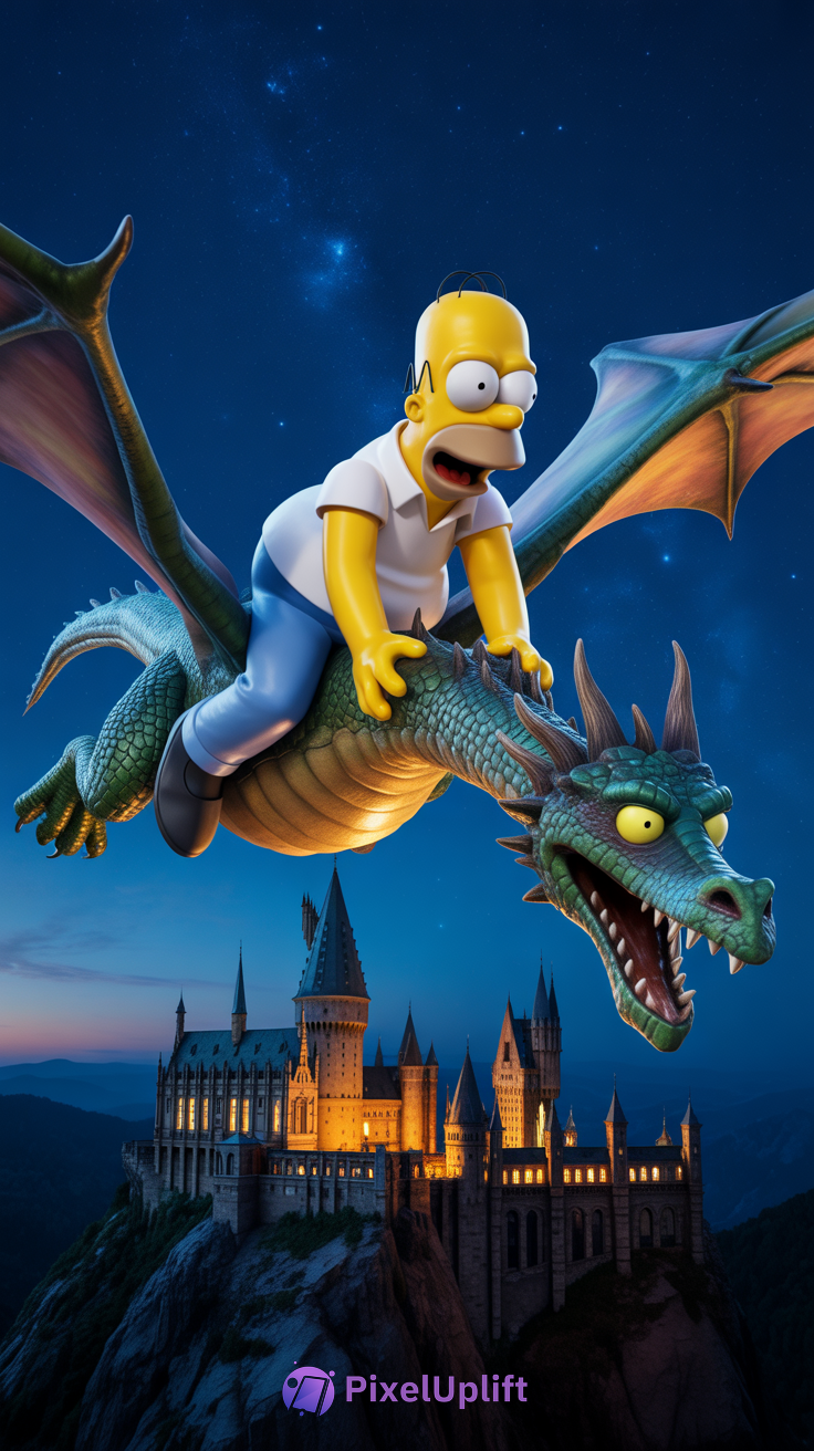 Homer Simpson riding a green dragon at night over a castle on a rocky mountain with a starry sky