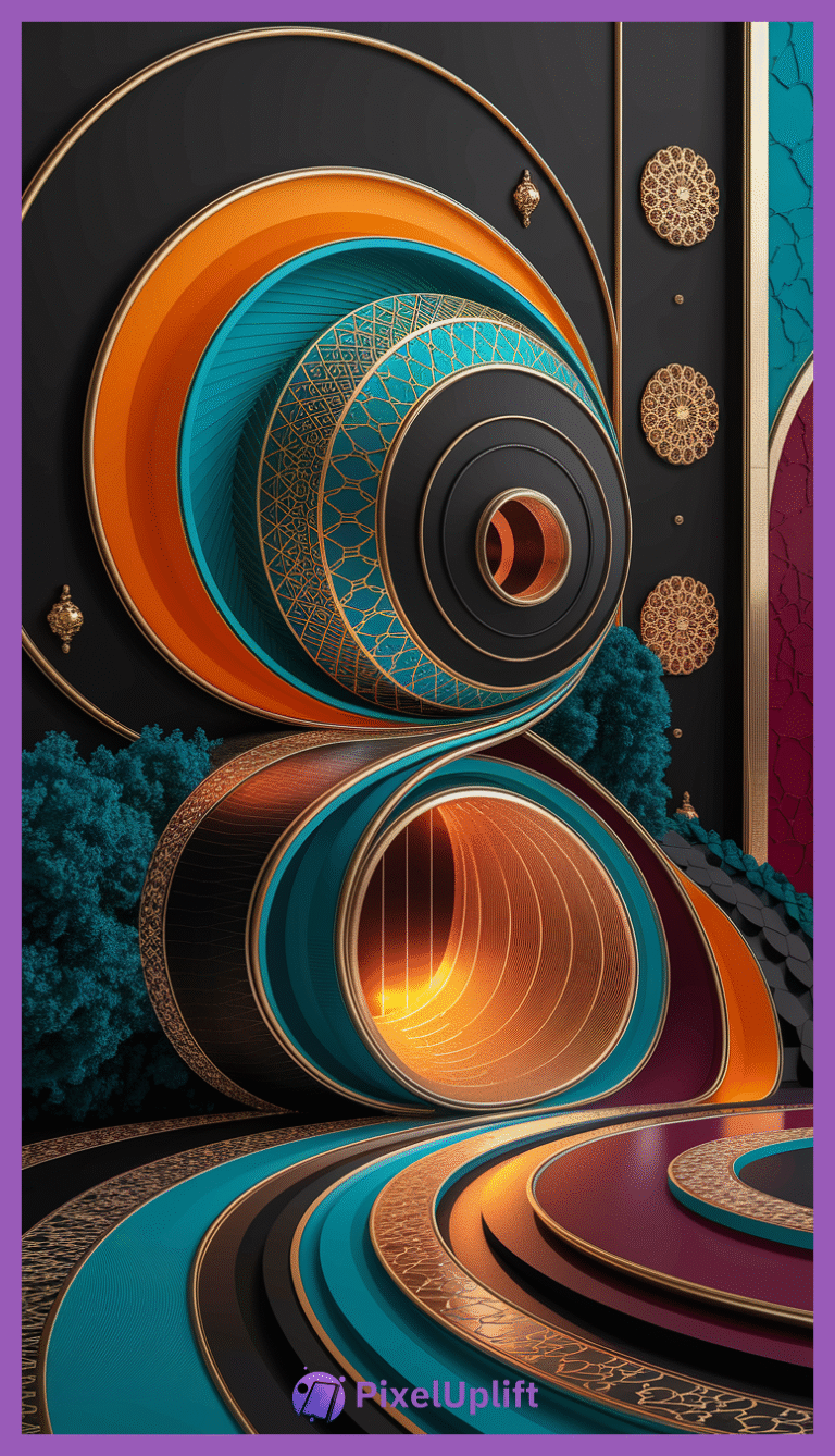Intricate abstract sculpture with concentric circular and spiral elements in turquoise, orange, maroon, black and gold for phone wallpaper lockscreen