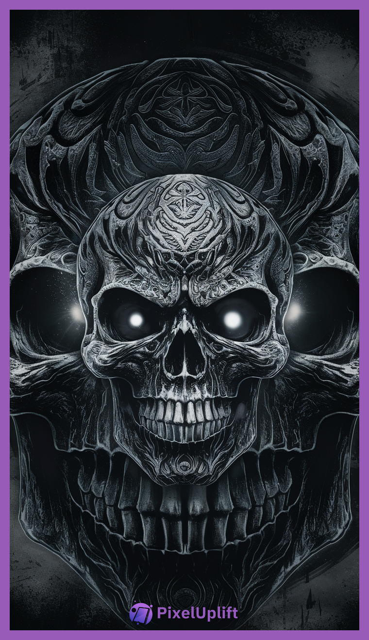 Intricately designed triple gothic skull phone wallpaper with glowing eye sockets and dark textured background