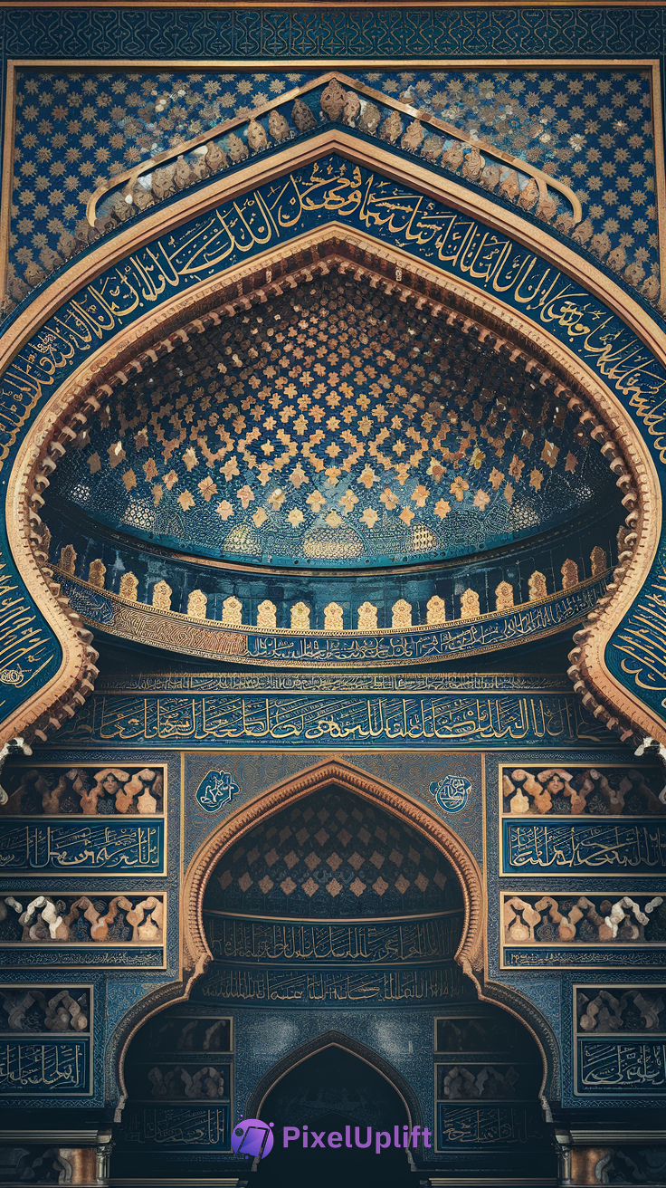 Intricate Islamic architectural detail with blue and gold tilework, Arabic calligraphy, and symmetrical geometric patterns on phone wallpaper lockscreen