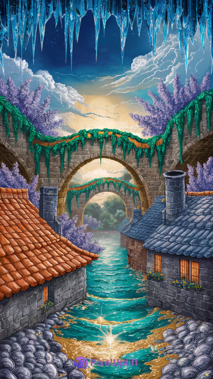 Fantasy village landscape with stone houses, turquoise stream, stone arches with vines and flowers, purple trees, dusk sky, and blue icicles
