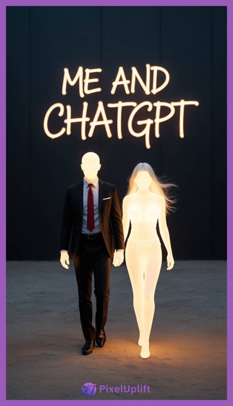 Two figures walking side by side on sand with dark background, one a man in a suit, the other a glowing translucent female figure representing AI with text ME AND CHATGPT above