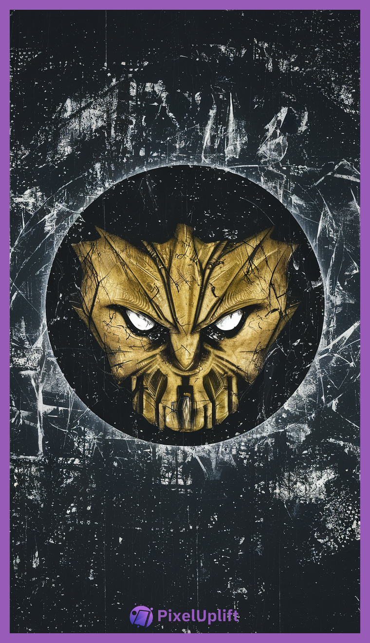 Menacing golden-yellow mask with glowing white eyes on dark distressed background phone wallpaper lockscreen