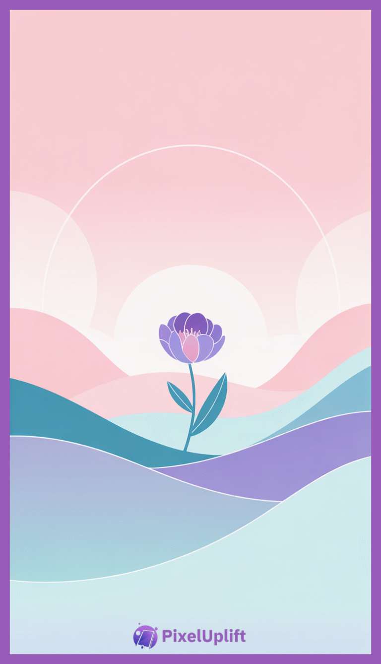 Minimalist purple flower with blue-green leaves standing on pastel flowing hills under a glowing white sun on a soft pink gradient sky phone wallpaper lockscreen
