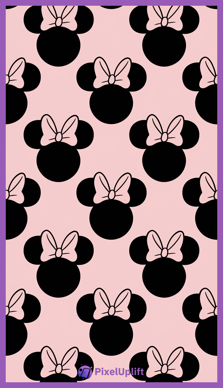 Phone wallpaper lockscreen with repeated black Minnie Mouse silhouette and pink bow pattern on pink background