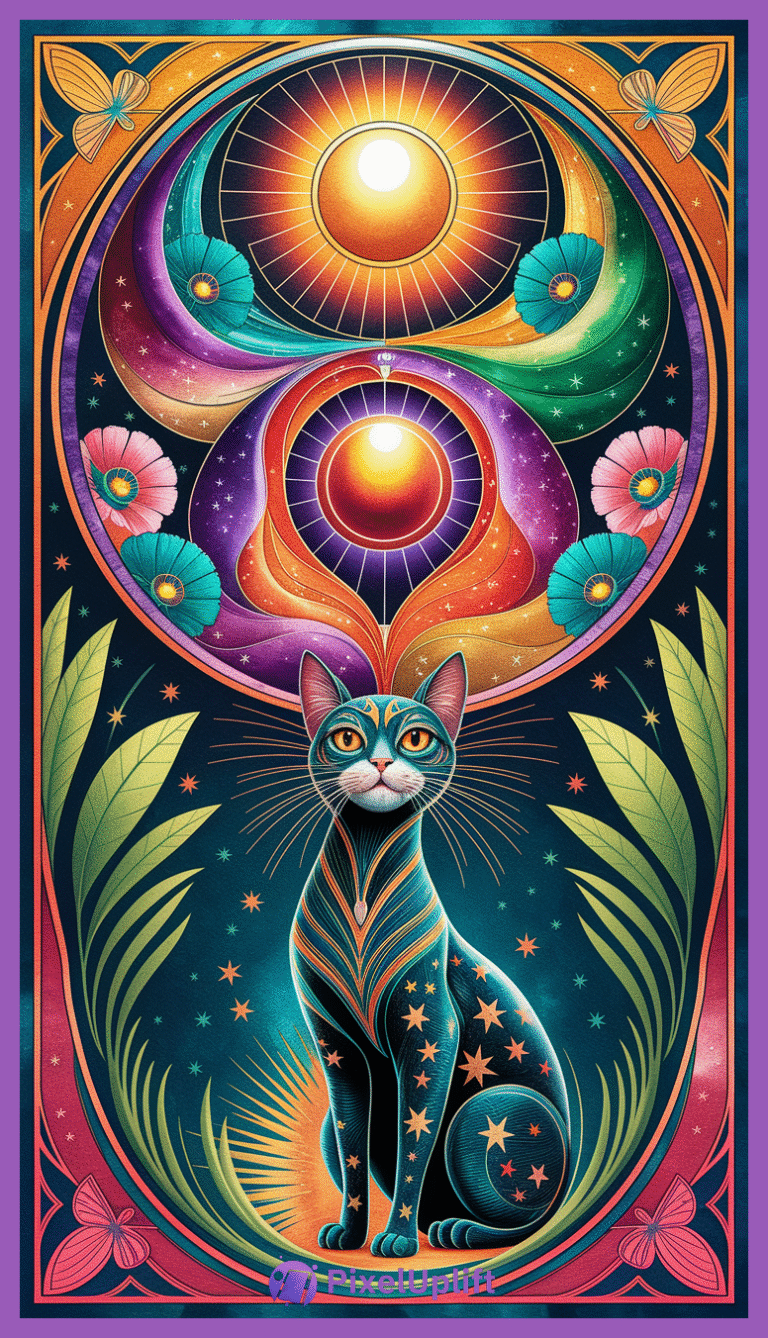 Vibrant mystical style phone wallpaper with a cat decorated with star motifs and cosmic design